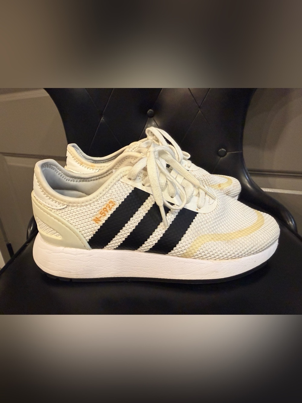 adidas Women’s White Knit Sneakers with Black Stripes and Cream Accents